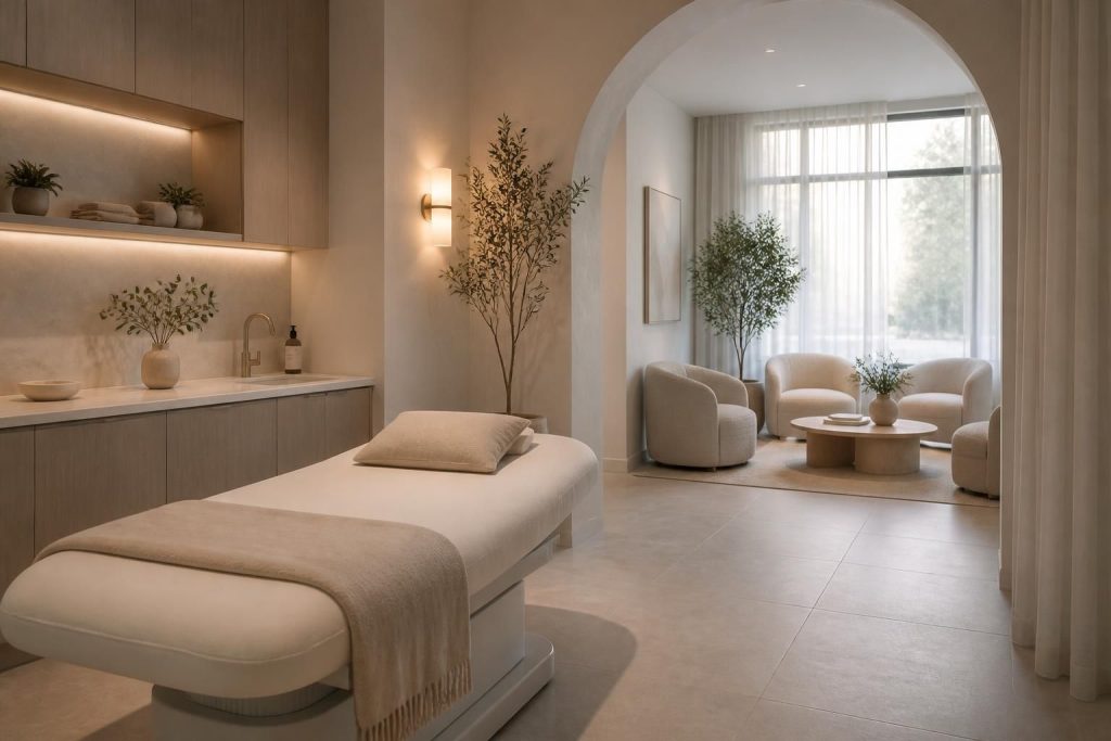 Modern medspa interior with a treatment room and calm wellness lounge.