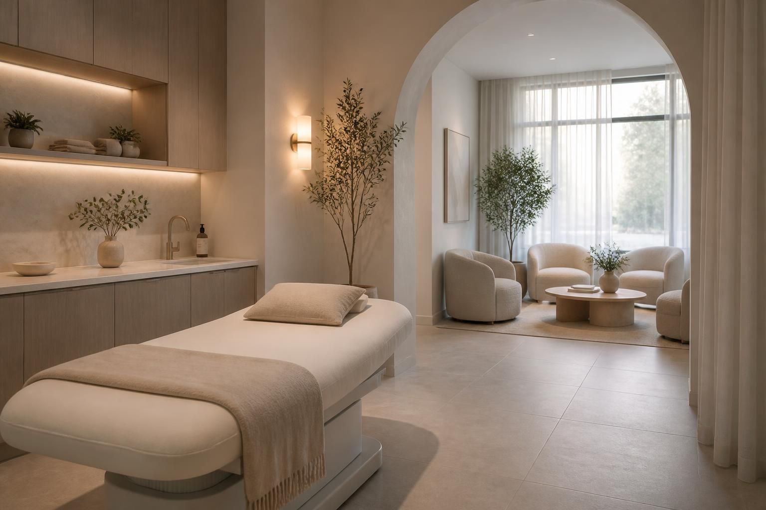 Modern medspa interior with a treatment room and calm wellness lounge.